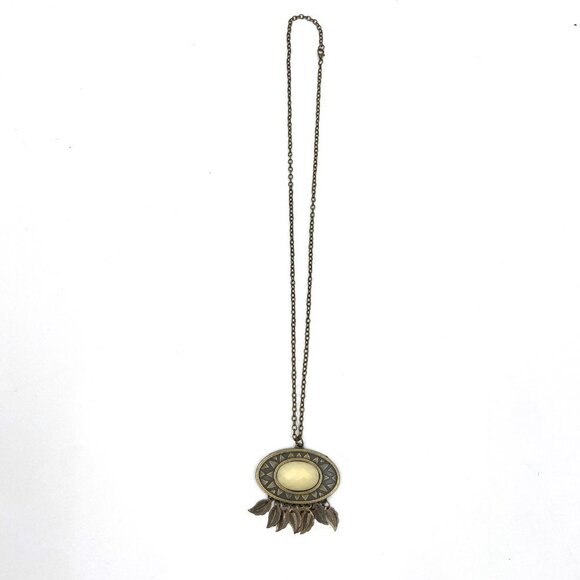 Gold Tone Cream Geometric Oval Aztec Boho Western Long Pendant Necklace Costume - Picture 3 of 4